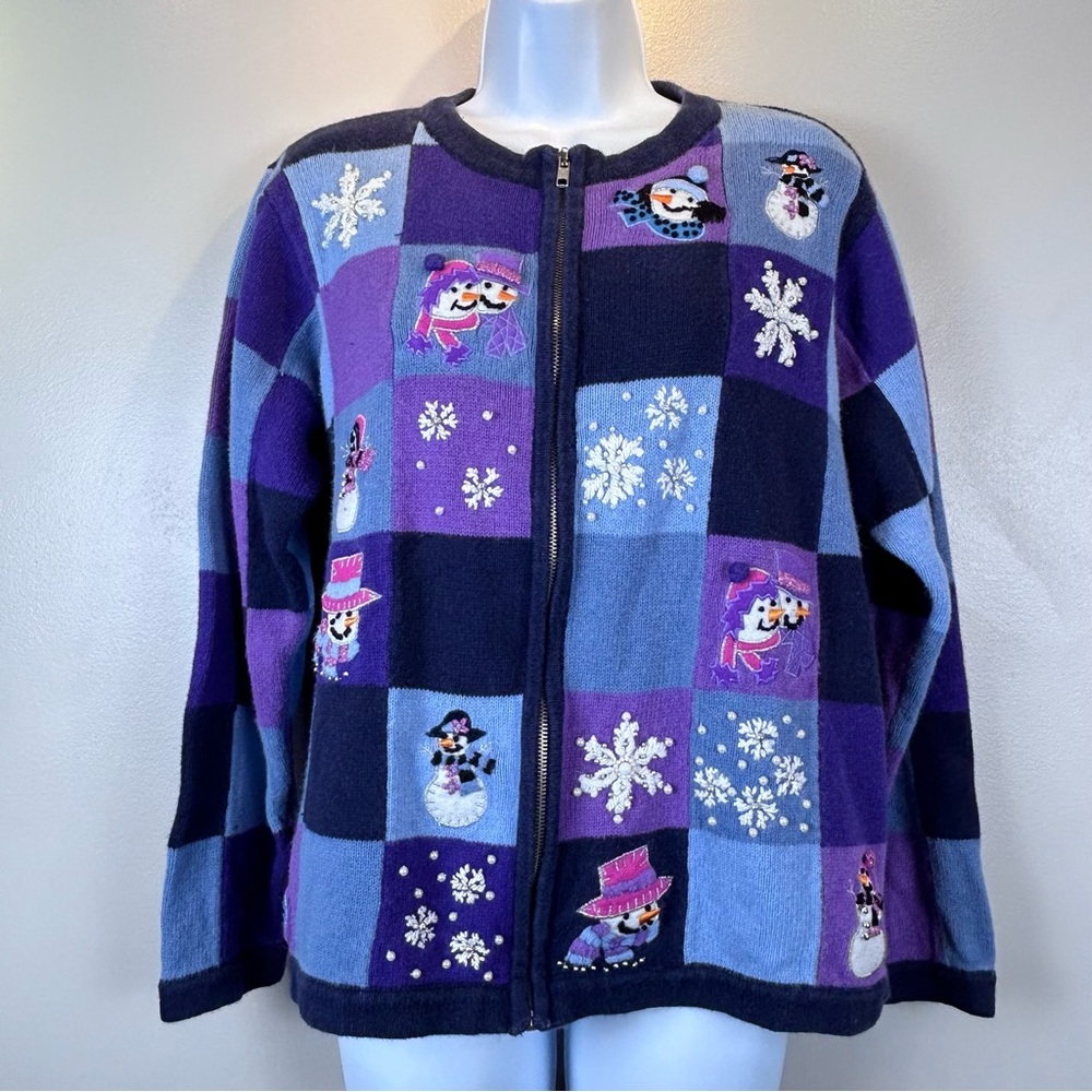 Vintage BP Design Cardigan Sweater‎ Med Blue Purple Snowman Patchwork Zip Front